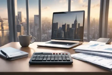 Image of a modern office desk showcasing a laptop with financial graphs, financial reports, piggy bank, and calculator, with a city skyline in the background.