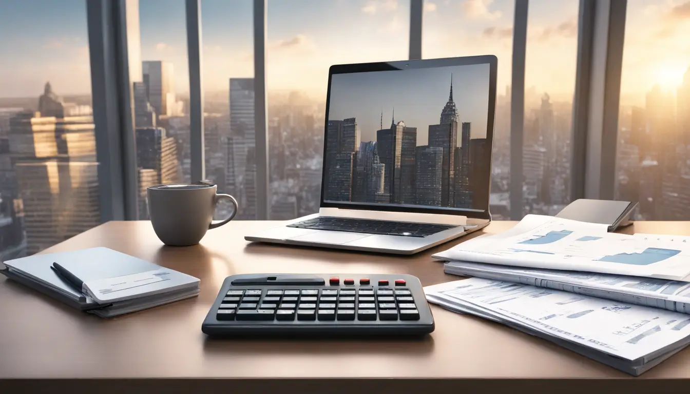Image of a modern office desk showcasing a laptop with financial graphs, financial reports, piggy bank, and calculator, with a city skyline in the background.