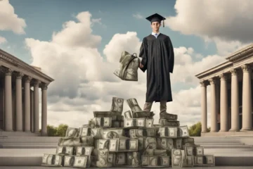 A young graduate in cap and gown stands opposite a large stack of money bags labeled