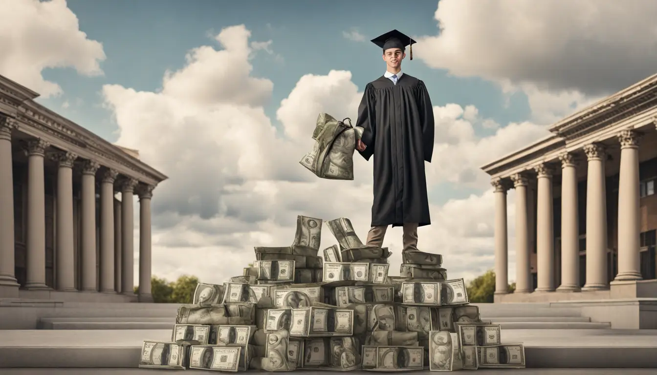 A young graduate in cap and gown stands opposite a large stack of money bags labeled "Student Loan" on an old-fashioned scale with a university in the background.