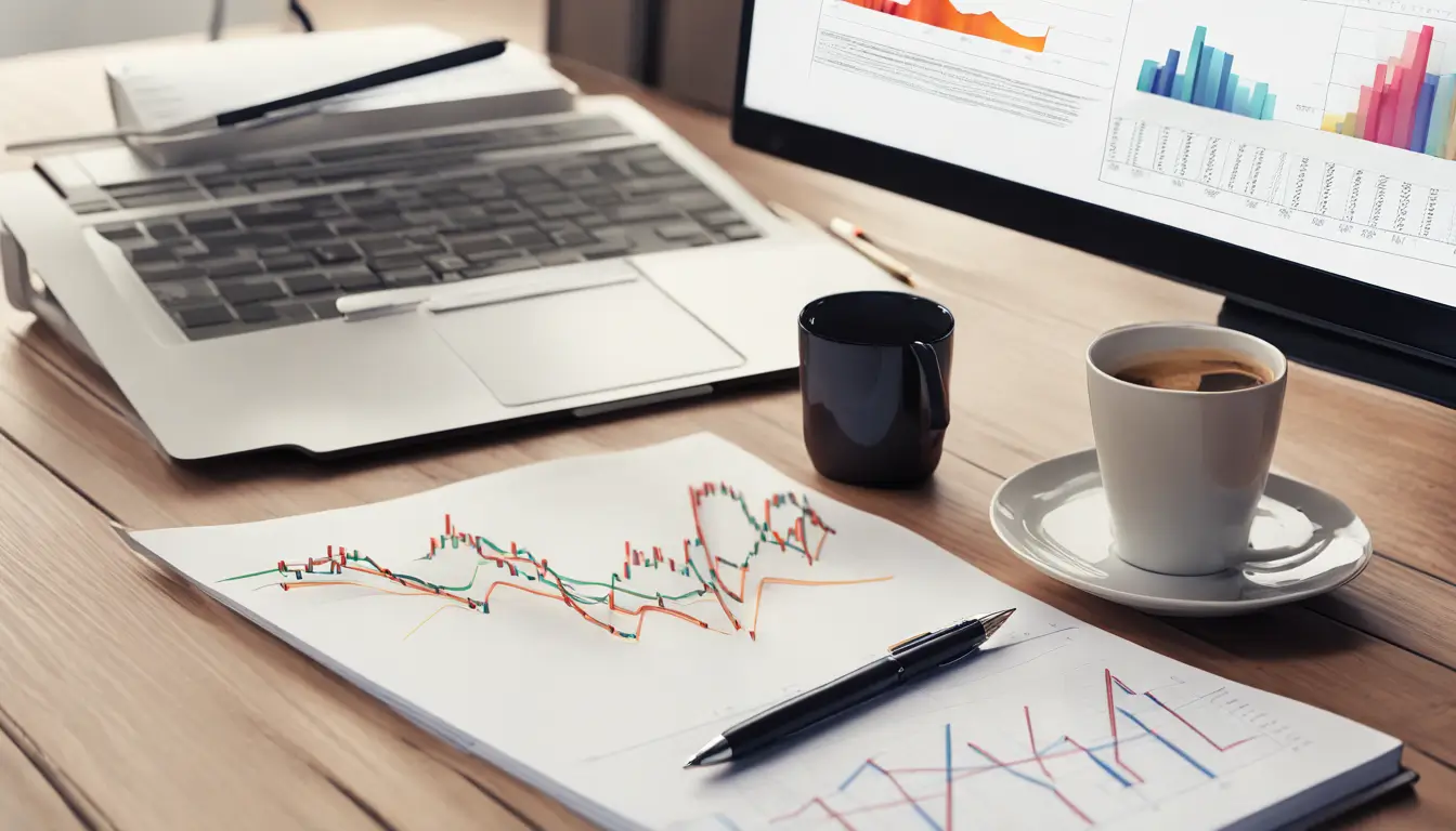 A modern desk setup showing a computer screen with a colorful line graph, market analysis reports, coffee cup, pen, and notepad, illustrating market trends.