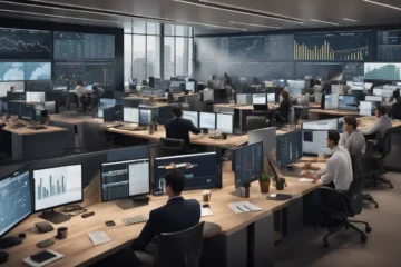 Office scene with professionals in business attire working on financial documents and graphs, large screens showing stock market ticker and financial logos on walls.