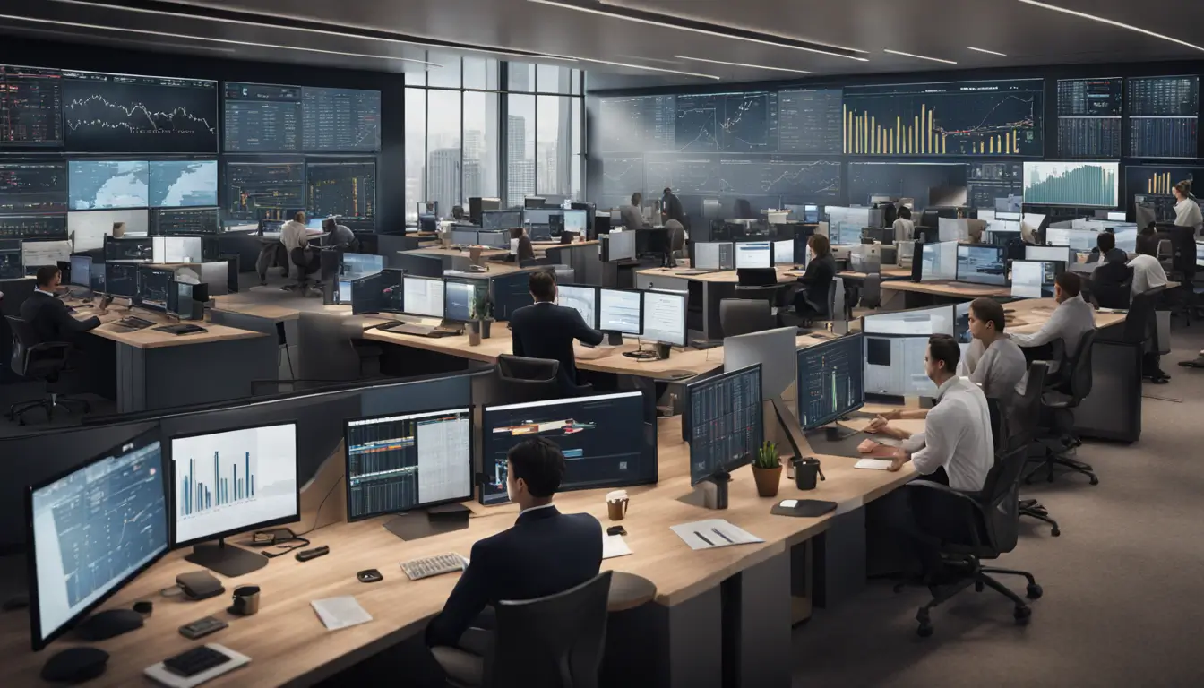 Office scene with professionals in business attire working on financial documents and graphs, large screens showing stock market ticker and financial logos on walls.
