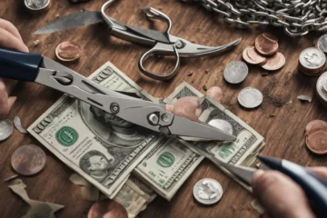 Person cutting a chain made of dollar bills with broken piggy bank spilling coins and bills on a table, representing debt reduction and financial health.