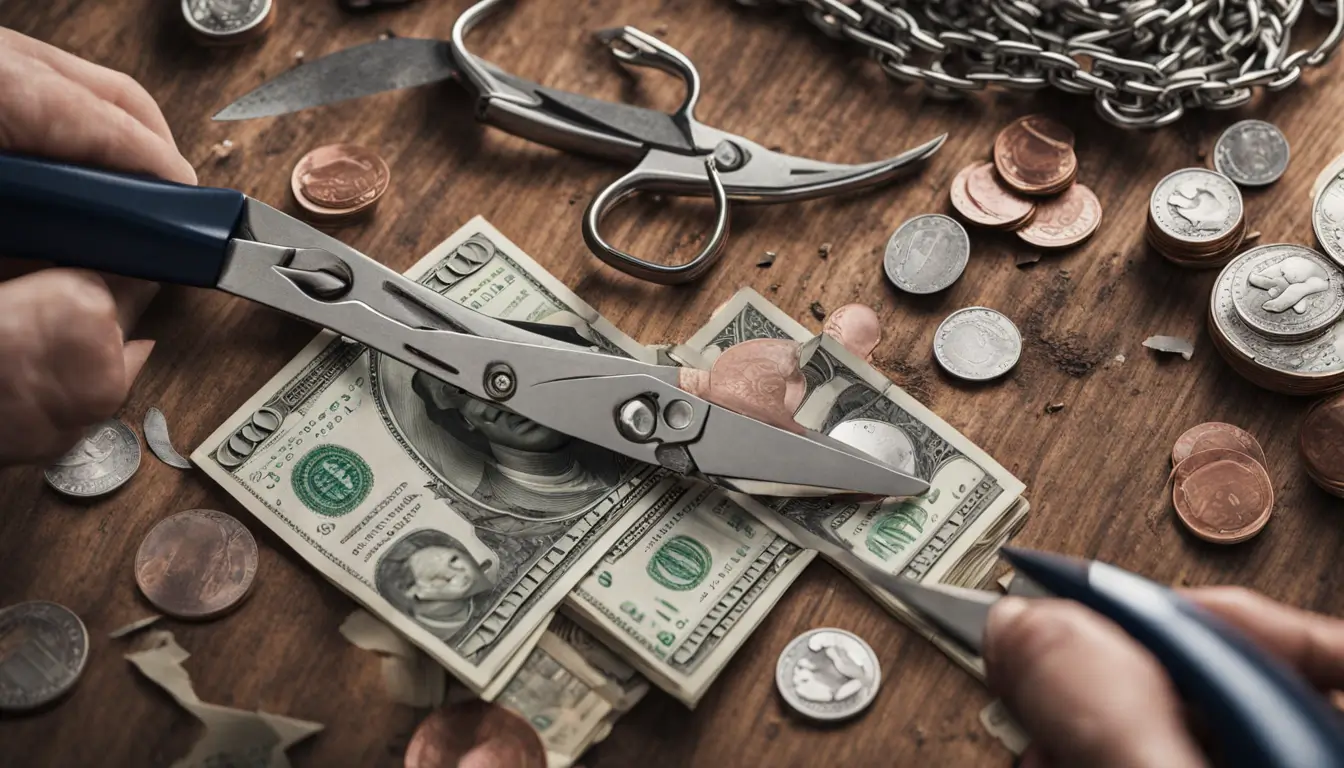 Person cutting a chain made of dollar bills with broken piggy bank spilling coins and bills on a table, representing debt reduction and financial health.