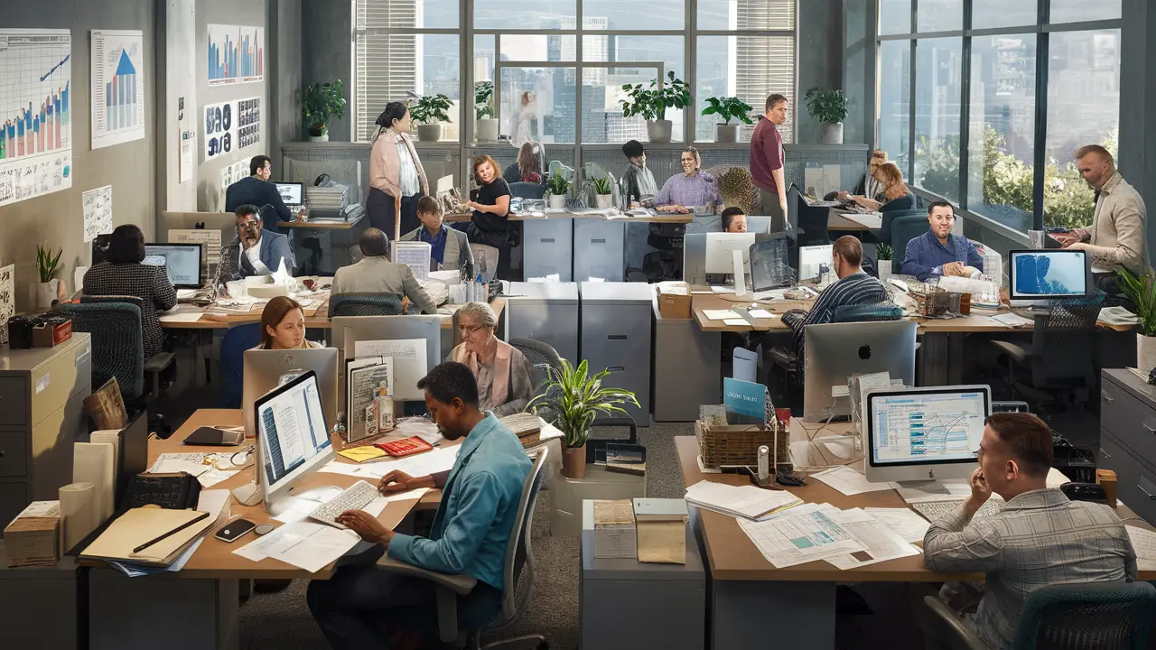 Office with people working at desks, charts on walls, and filing cabinets, depicting a busy financial environment.
