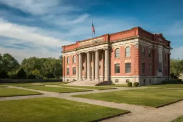 Large brick building with columns and American flag on the lawn under a blue sky.