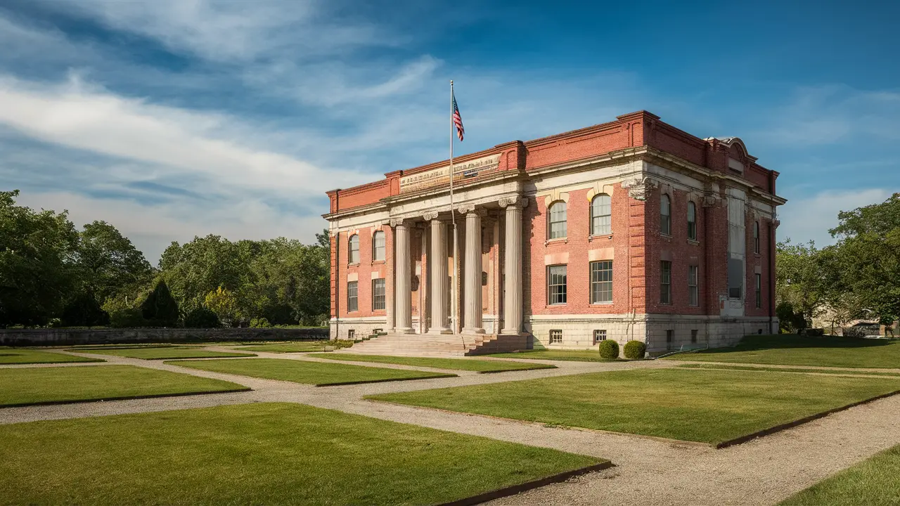 Large brick building with columns and American flag on the lawn under a blue sky.