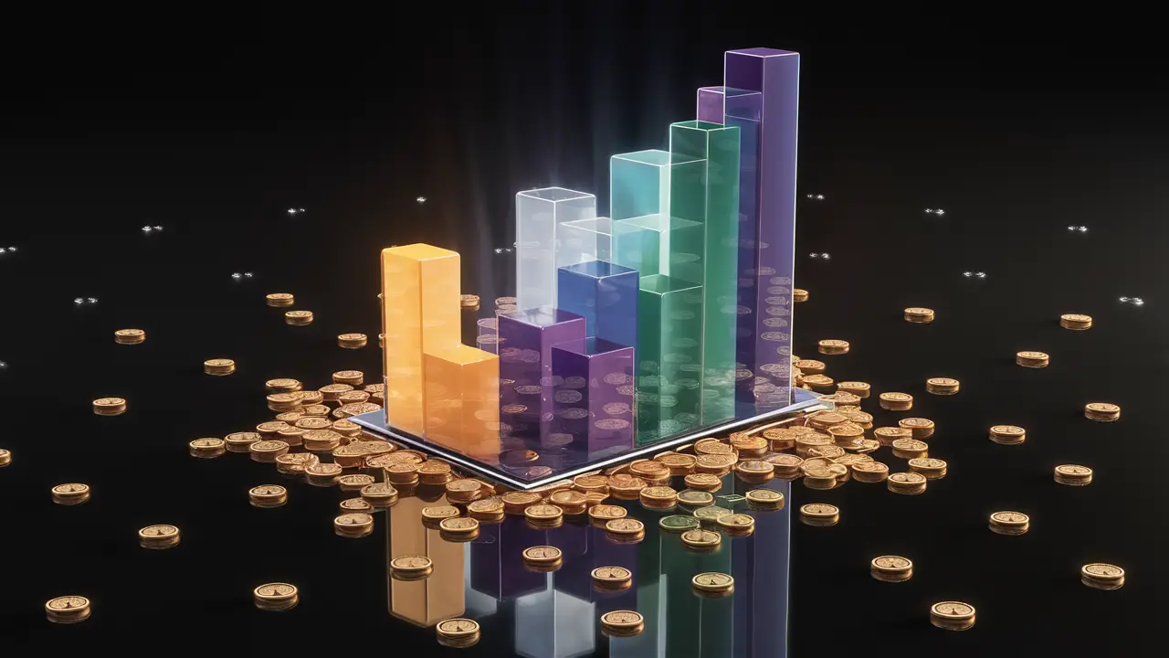 3D bar graph with colorful bars and scattered gold coins on a black surface.