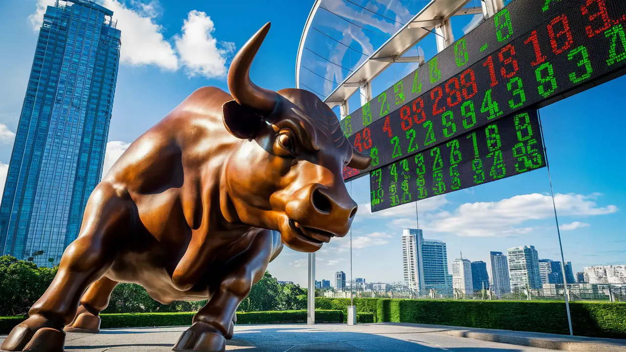 Bronze bull statue with stock ticker and São Paulo skyline in the background.