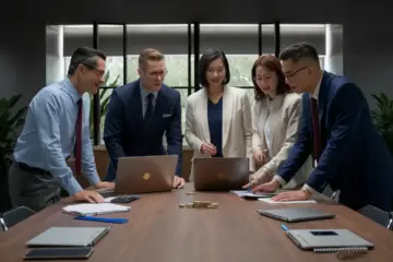 Professionals in office discussing business plans with laptops, papers, and coins on a wooden table.