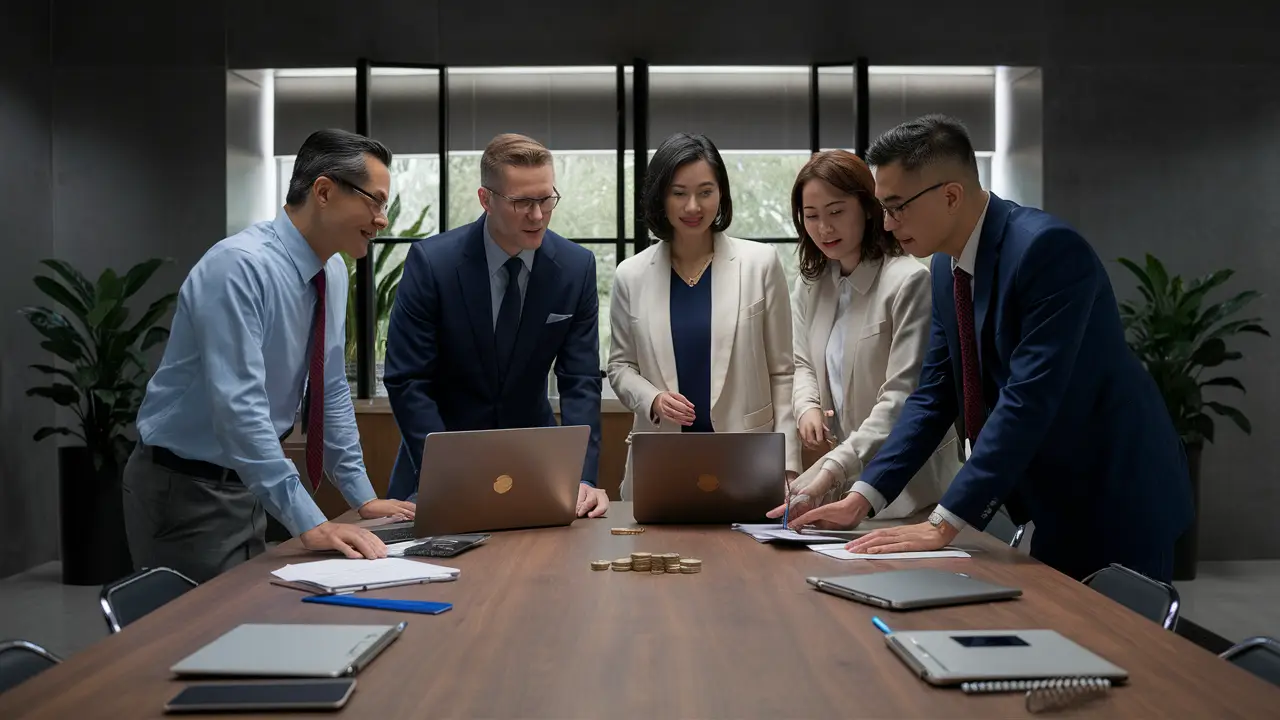 Professionals in office discussing business plans with laptops, papers, and coins on a wooden table.