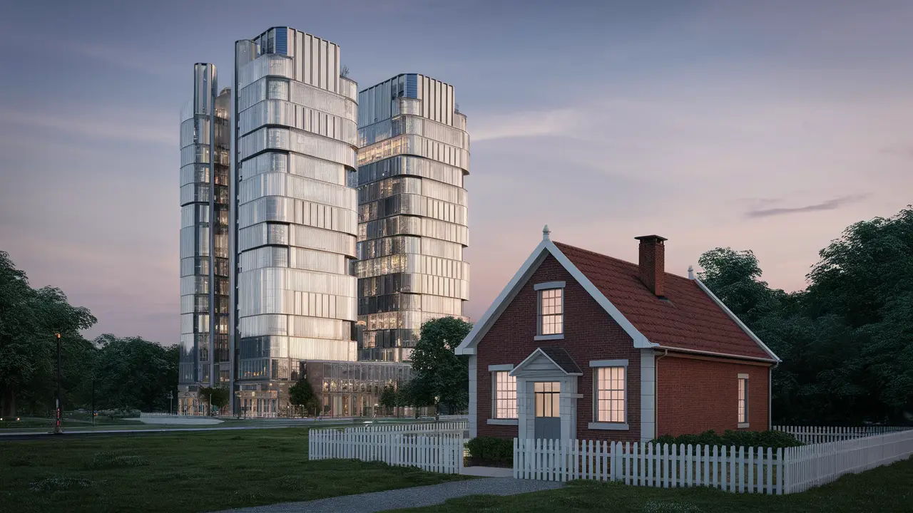 Glass skyscraper and brick house with trees under a clear dusk sky in a cityscape.