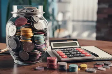 Transparent jar with stacked coins next to a calculator and notepad on a wooden desk.