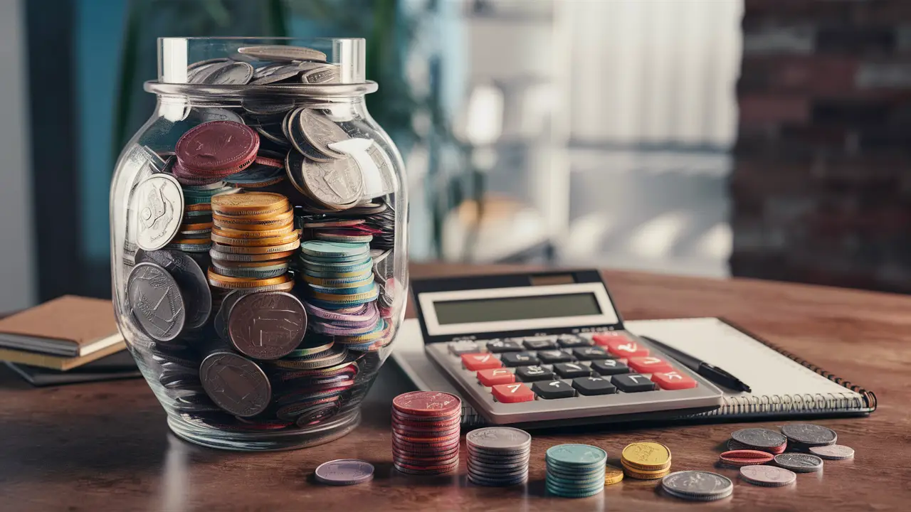 Transparent jar with stacked coins next to a calculator and notepad on a wooden desk.
