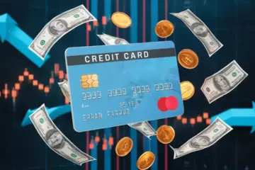 Floating credit card with rotating money and financial chart backdrop
