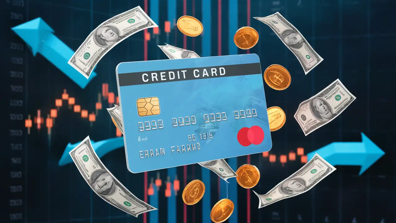 Floating credit card with rotating money and financial chart backdrop