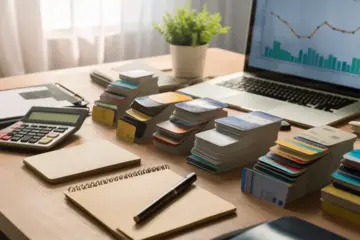 Desk with credit cards, calculator, laptop showing financial chart, pen, notepad, and plant on wooden surface.