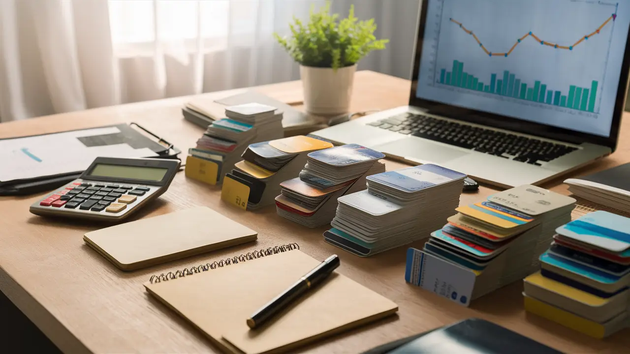Desk with credit cards, calculator, laptop showing financial chart, pen, notepad, and plant on wooden surface.