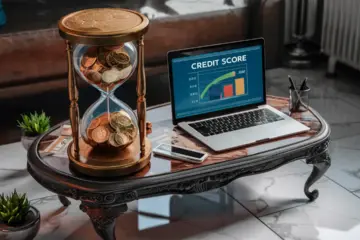 Hourglass filled with gold coins next to a laptop showing credit score graph, on a wooden table with plants and pens.