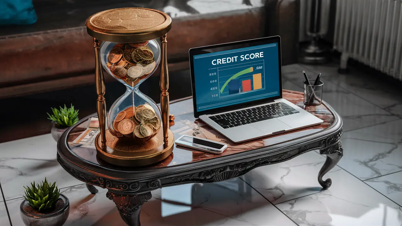 Hourglass filled with gold coins next to a laptop showing credit score graph, on a wooden table with plants and pens.