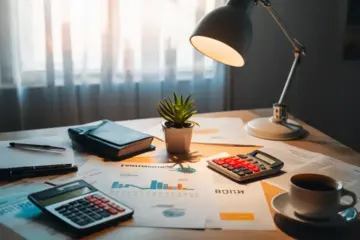 Desk with financial documents, calculator, plant, and coffee cup under soft lamp light.