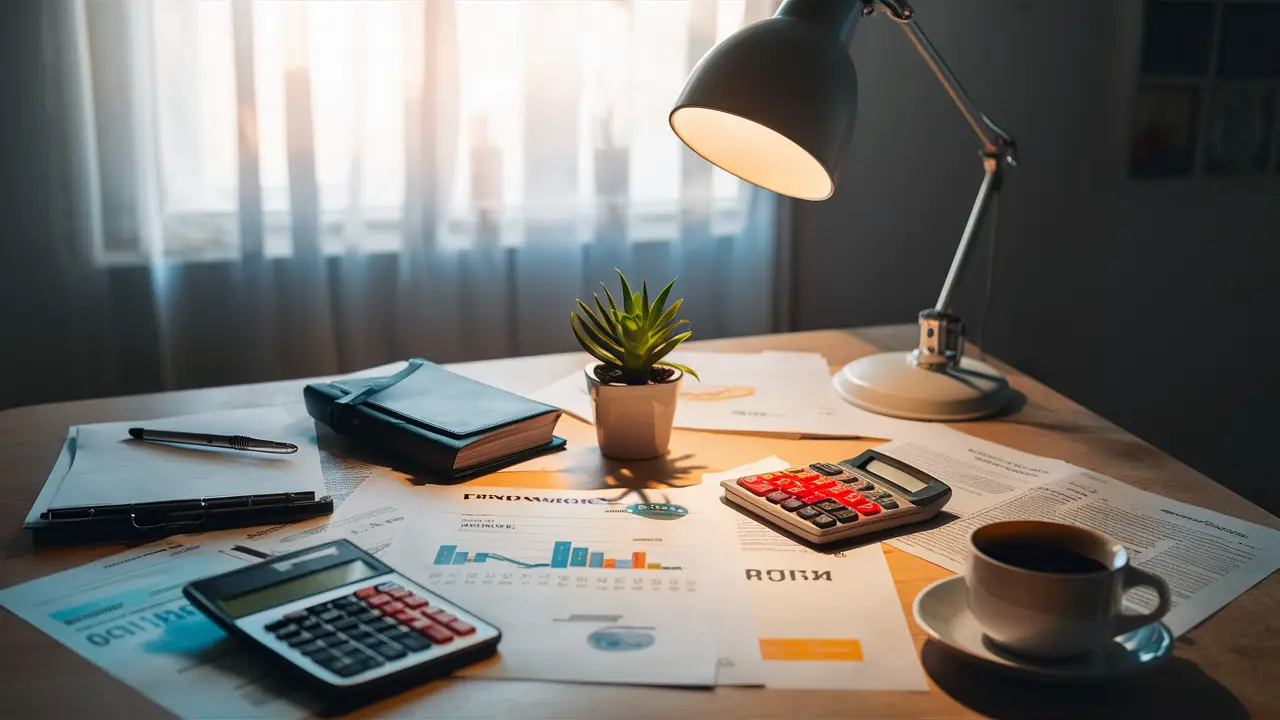 Desk with financial documents, calculator, plant, and coffee cup under soft lamp light.