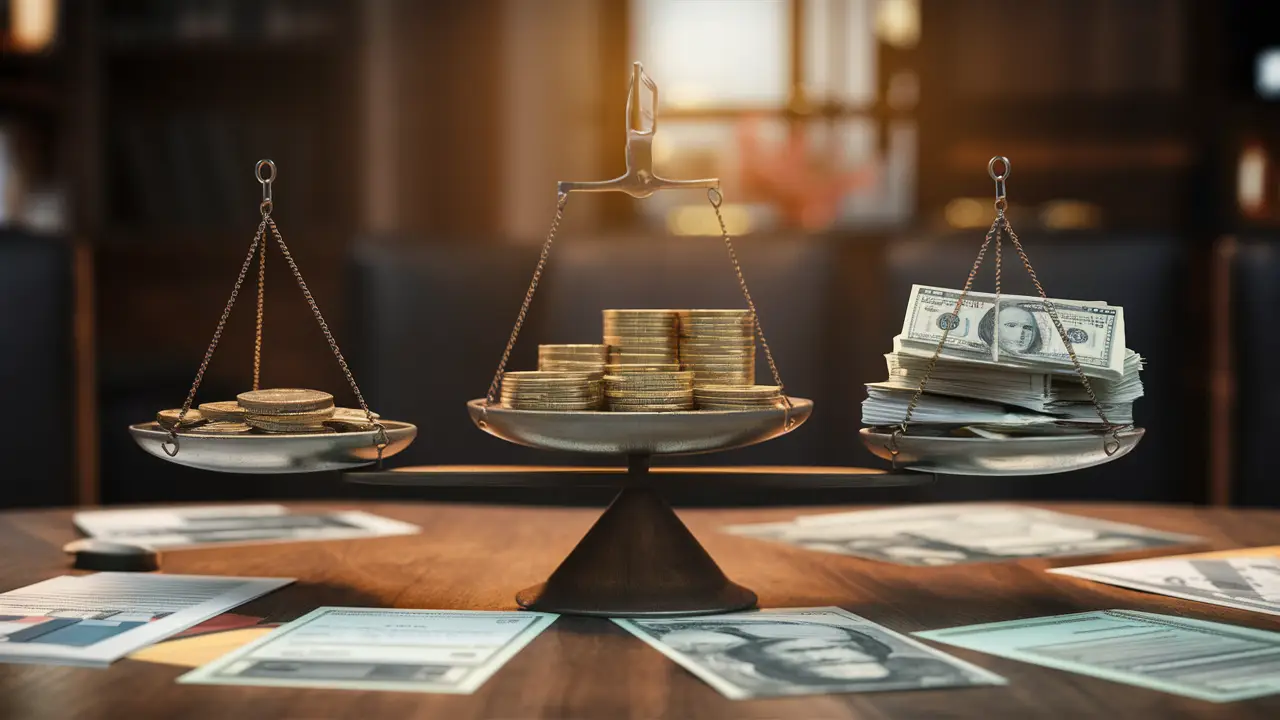 Scale with gold coins, cash stack, and financial documents on a wooden table.