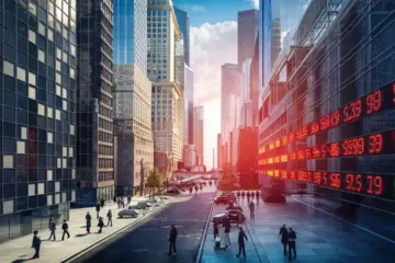 Financial district with skyscrapers, people in business attire, and digital stock ticker.