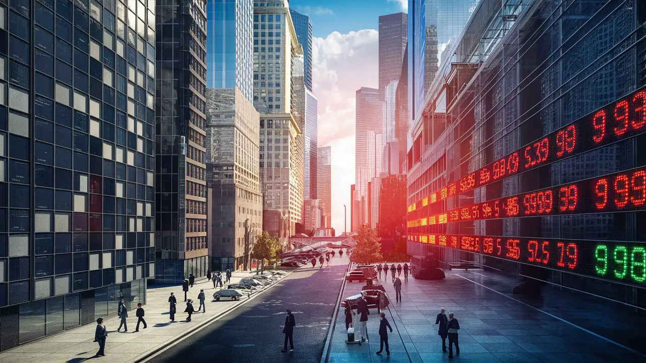 Financial district with skyscrapers, people in business attire, and digital stock ticker.