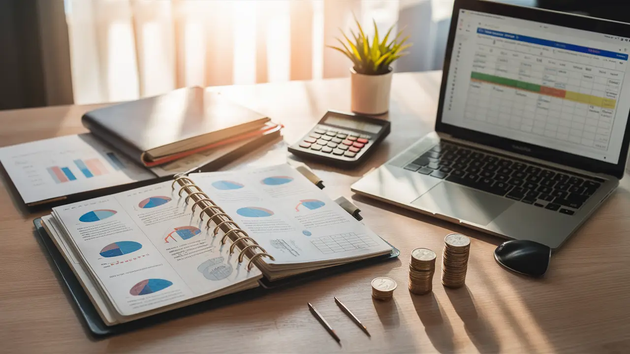 Open financial planner with charts, calculator, stacked coins, and laptop displaying a budgeting spreadsheet on a tidy desk.