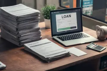 Laptop and financial documents on a desk with a piggy bank and calculator on a shelf.