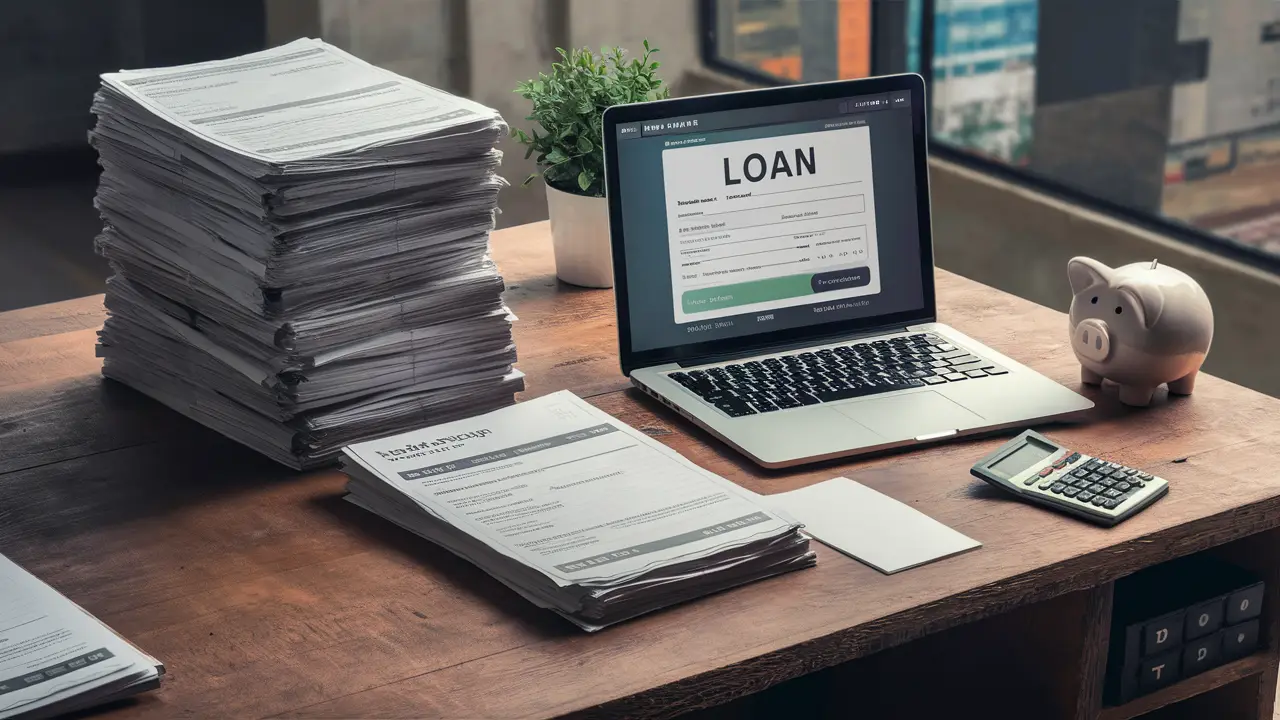 Laptop and financial documents on a desk with a piggy bank and calculator on a shelf.