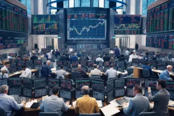 Financial trading floor with professionals and monitors showing stock market data and economic indicators.