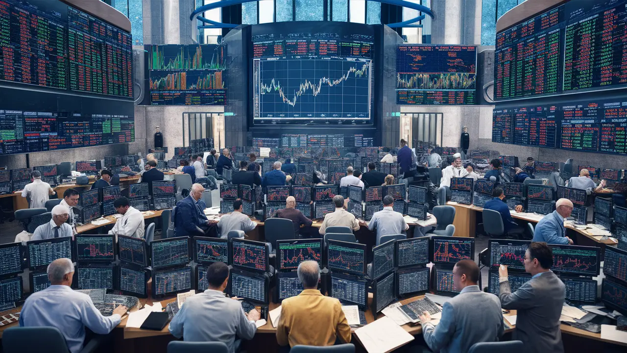 Financial trading floor with professionals and monitors showing stock market data and economic indicators.