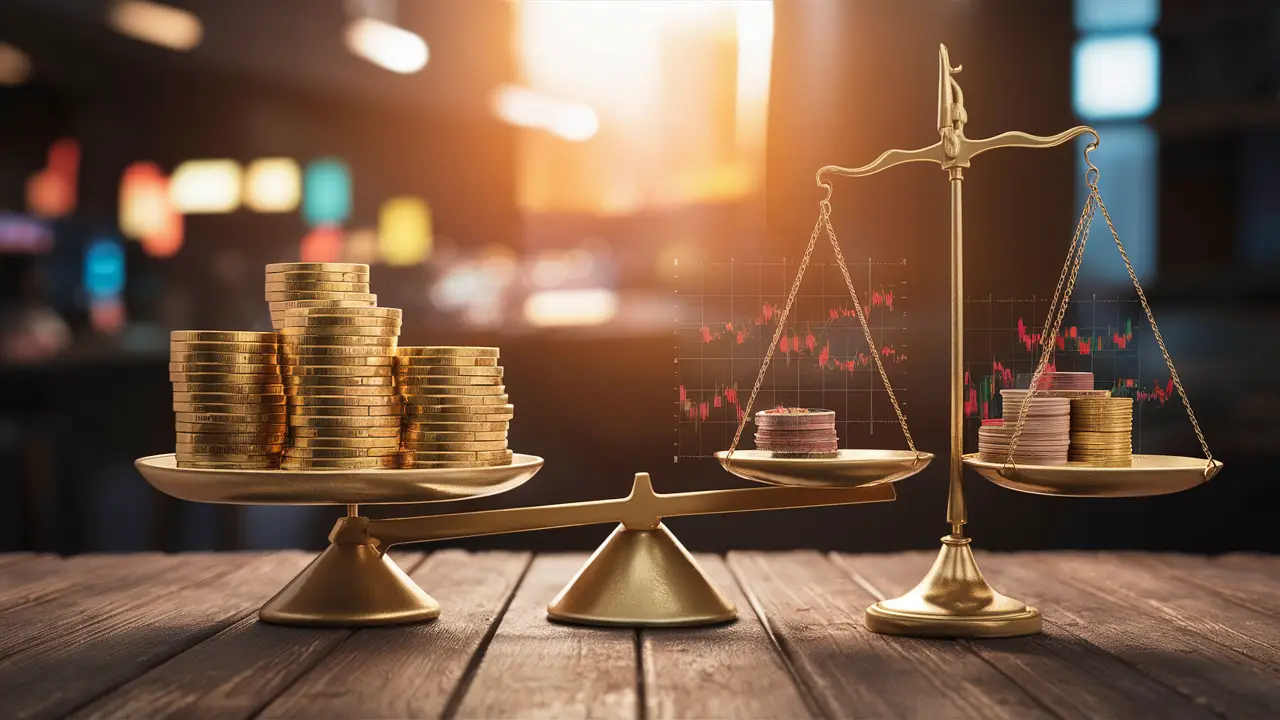 Scales with gold coins and stock market graphs balanced on a wooden table.