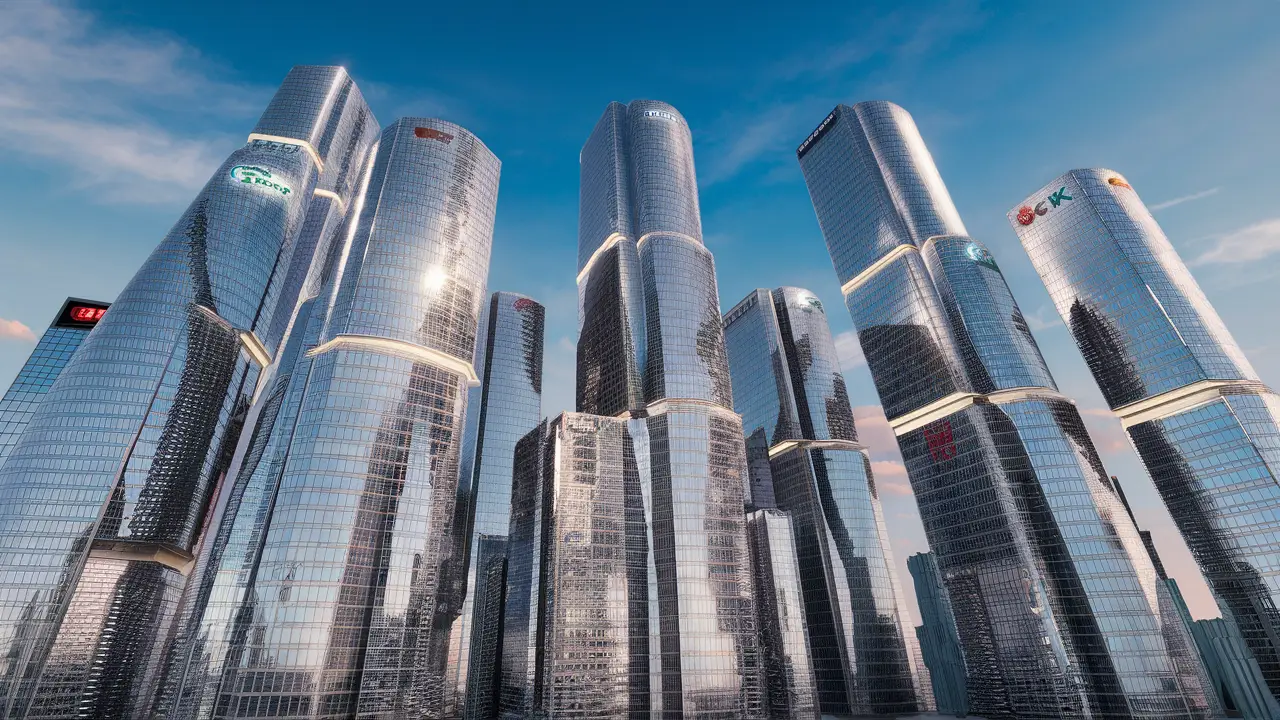 Futuristic cityscape with tall glass and steel skyscrapers displaying logos of leading financial companies.