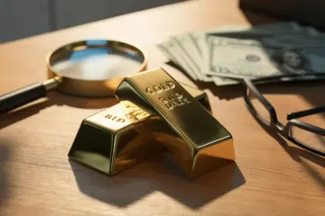 Gold bar on desk with magnifying glass, reading glasses, and US dollar bills in the background.