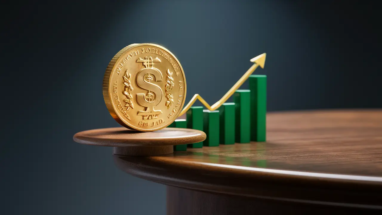 Golden dollar coin on table with green stock chart behind.