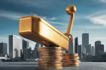 Golden lever on coins with city skyline.