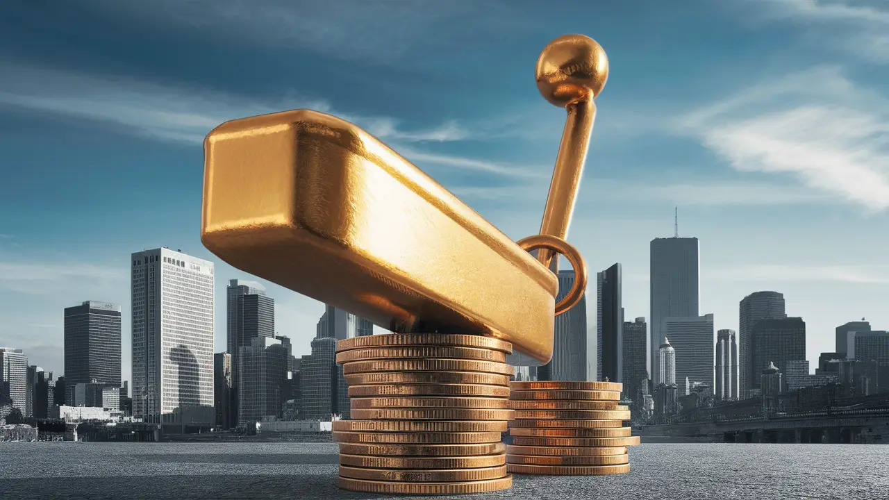 Golden lever on coins with city skyline.