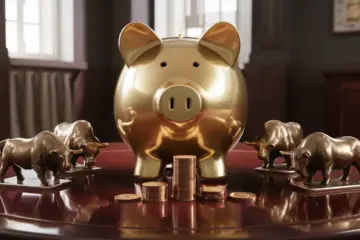 Golden piggy bank on table with bronze bulls and bears, coins in foreground.