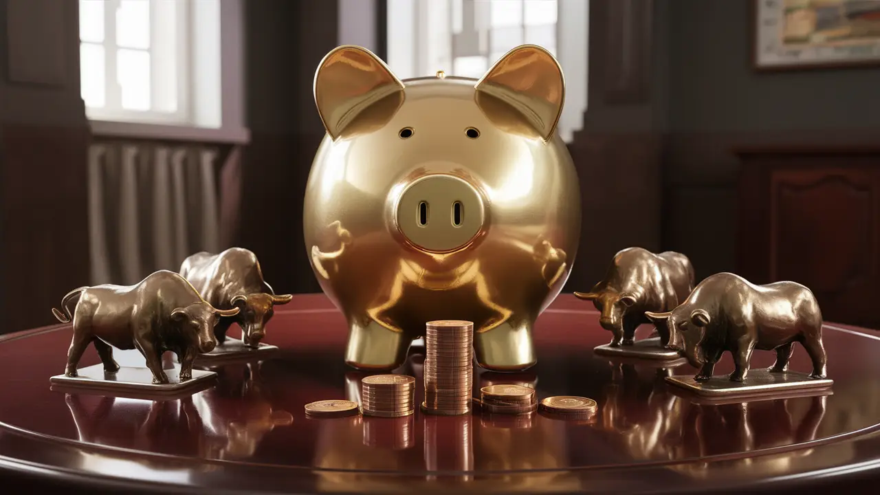 Golden piggy bank on table with bronze bulls and bears, coins in foreground.
