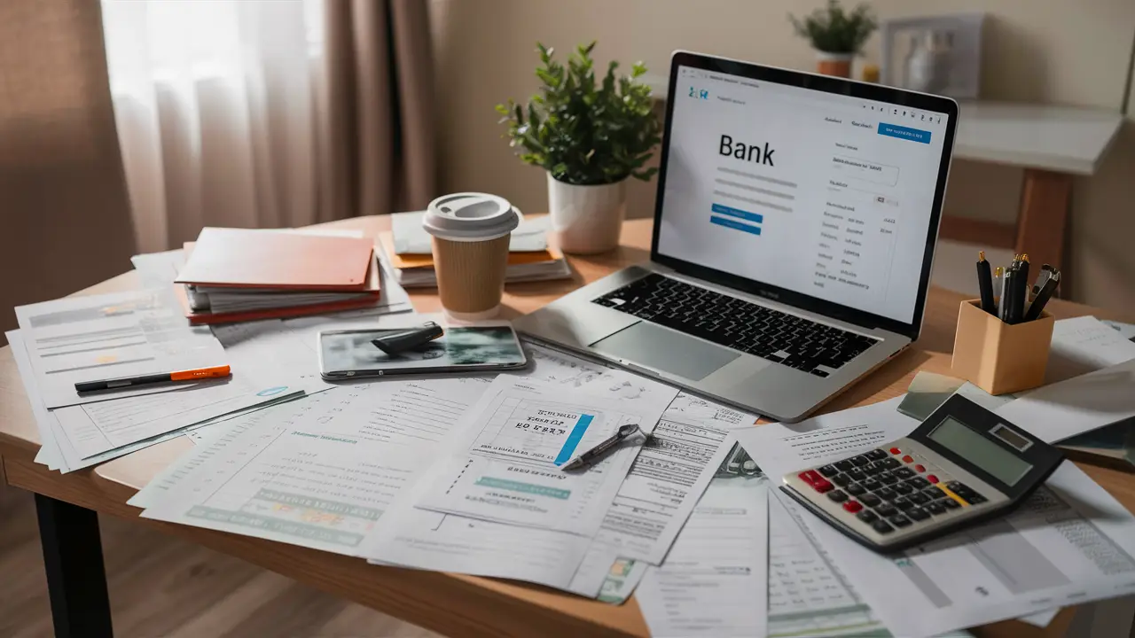 Home office desk with financial documents, laptop, calculator, and coffee cup.