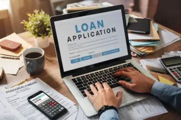 Laptop with loan application form, papers, coffee mug, smartphone with financial news, and calculator on a wooden desk.