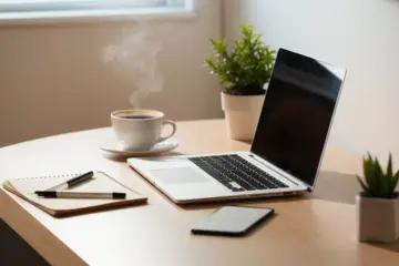 Tidy desk with laptop, coffee cup, notepad, and plant against a white wall.