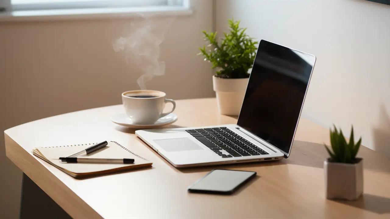 Tidy desk with laptop, coffee cup, notepad, and plant against a white wall.