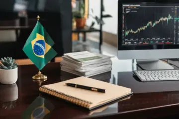 Computer showing stock graph with Brazilian flag, government bonds, plant, pen, and notebook on wooden desk.