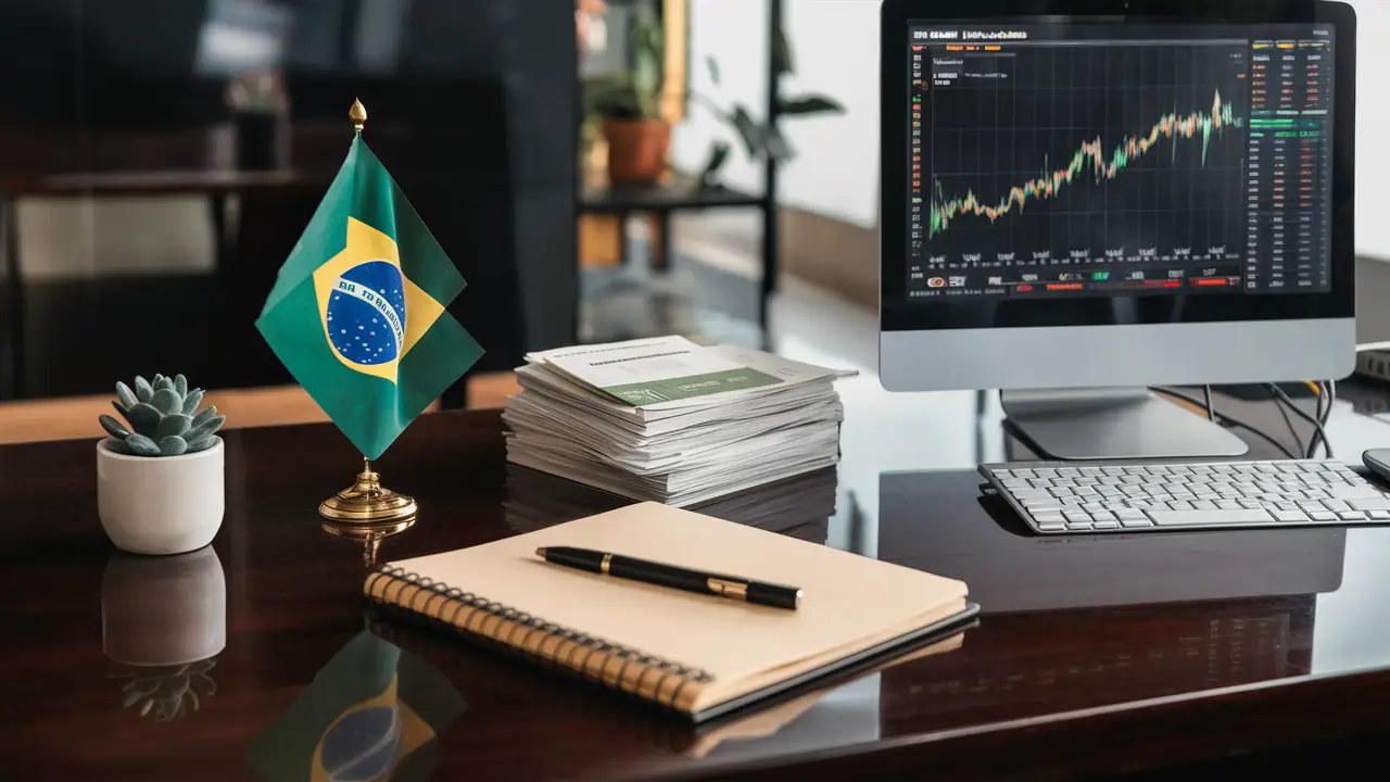 Computer showing stock graph with Brazilian flag, government bonds, plant, pen, and notebook on wooden desk.