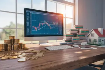 Wooden desk with computer, gold coins, stock certificates, and model house in an office setting.